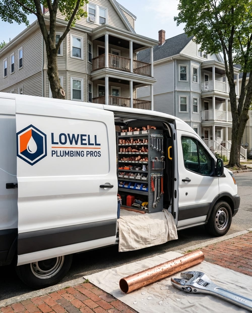 Clean plumbing service van with organized fittings and tools on a Lowell street