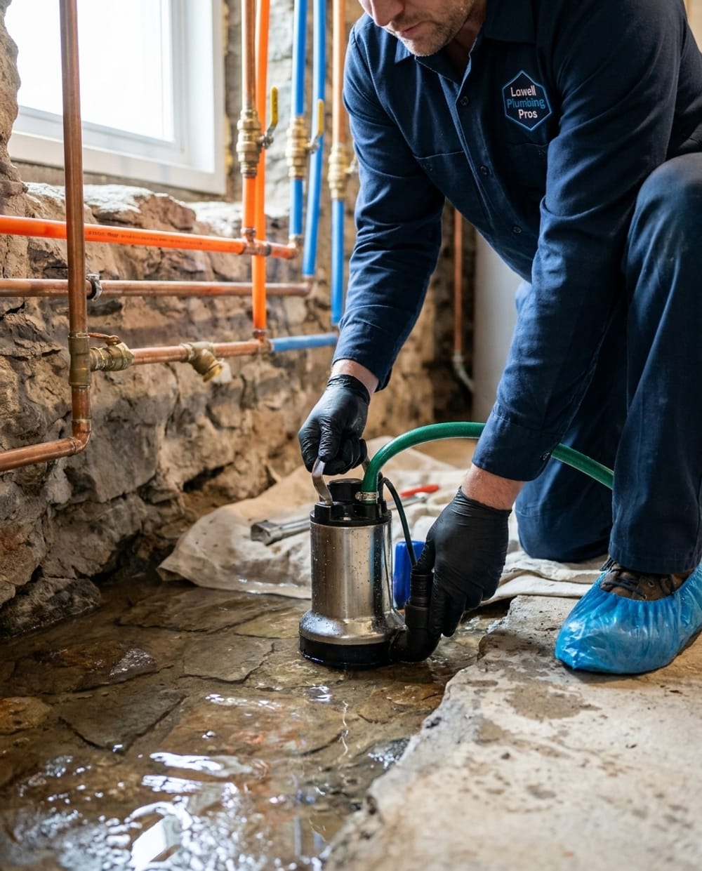 Basement Flooding Plumber in Lowell, MA: plumber pumping clear water out of a basement with a portable pump after a storm