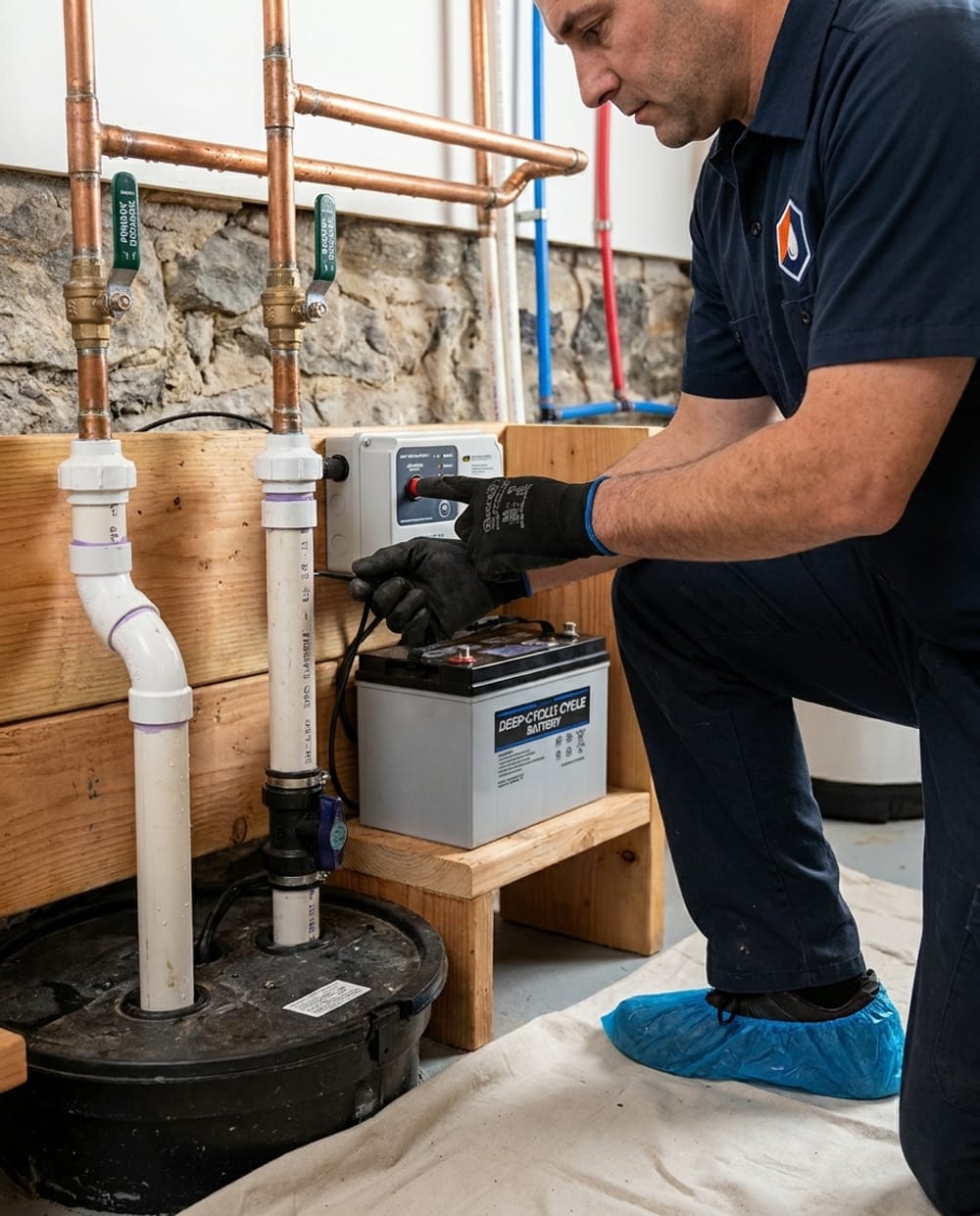Battery Backup Sump Pump in Lowell, MA: battery backup sump pump system with a sealed battery case beside a sump pit