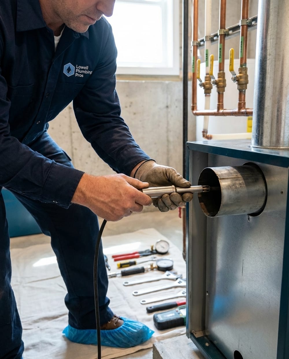 Boiler Maintenance in Lowell, MA: technician running a combustion analysis on a boiler during an annual tune-up