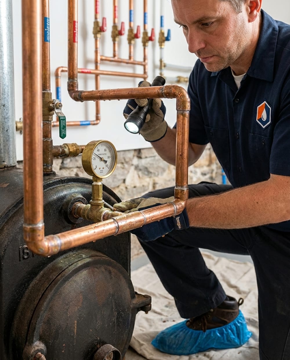 Boiler Repair in Lowell, MA: technician checking the pressure gauge on a cast-iron boiler in a Lowell basement