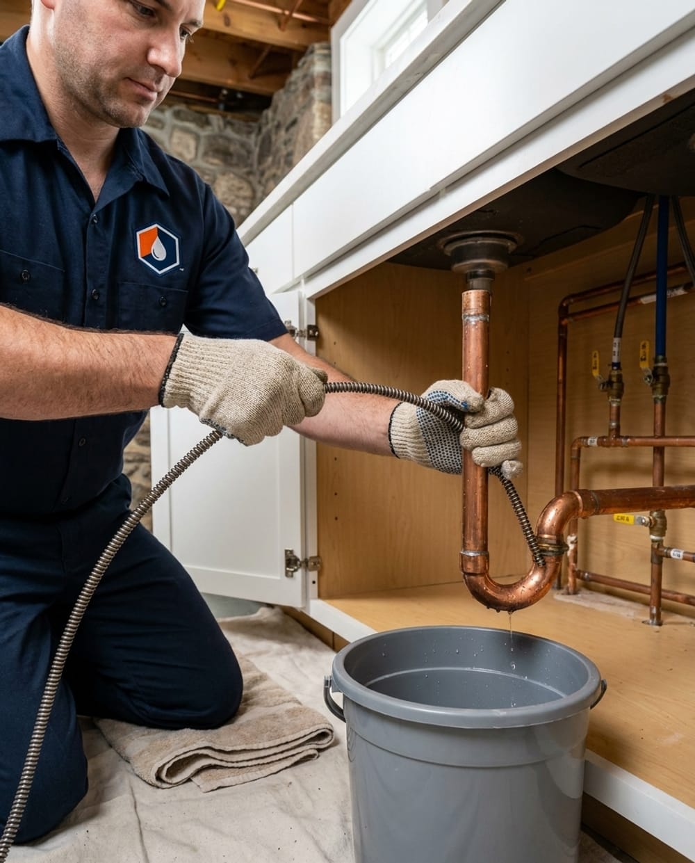 Clogged Kitchen Sink in Lowell, MA: plumber clearing a clogged kitchen sink drain with a hand auger under the cabinet