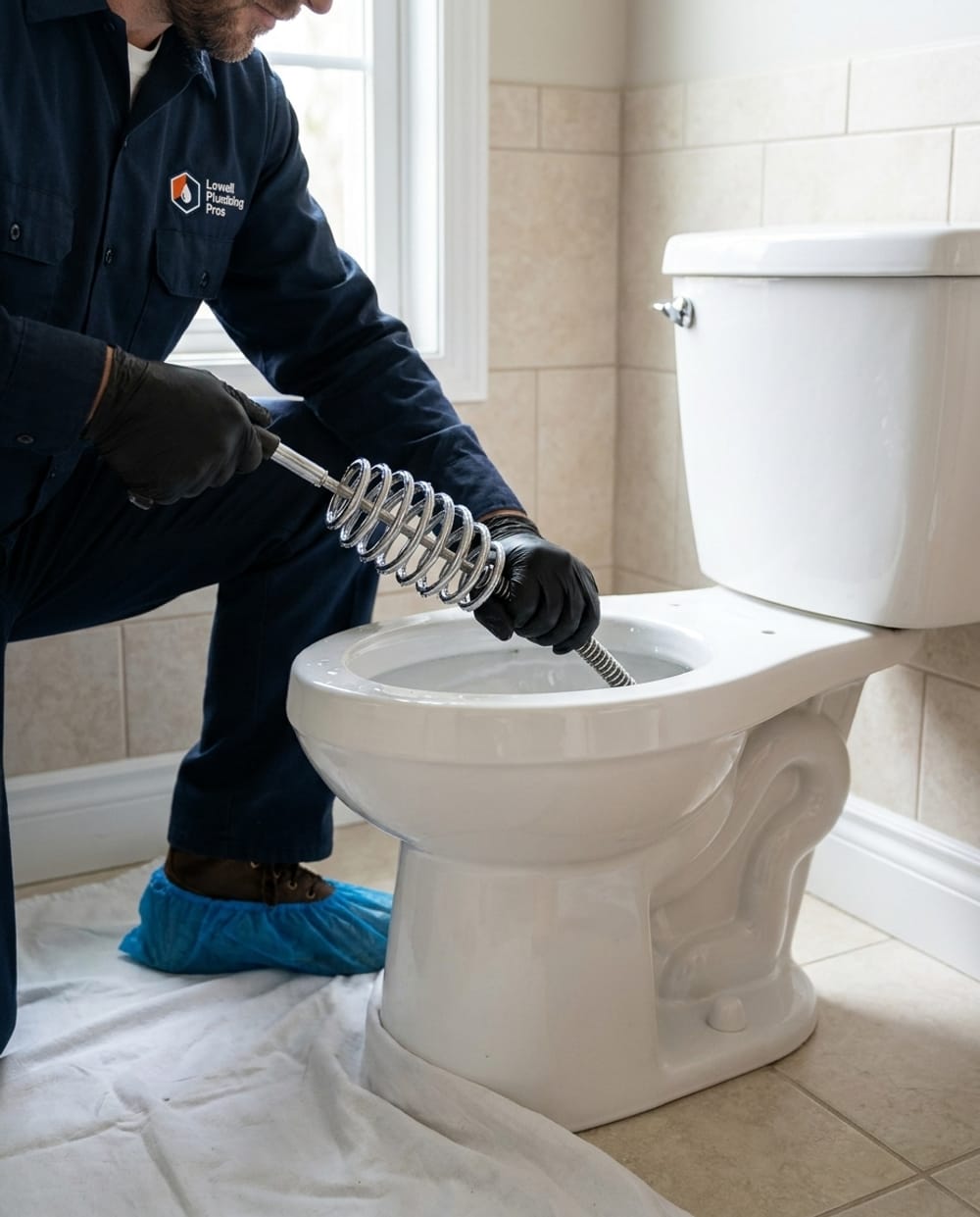 Clogged Toilet Repair in Lowell, MA: plumber using a closet auger on a toilet in a clean bathroom, floor protected