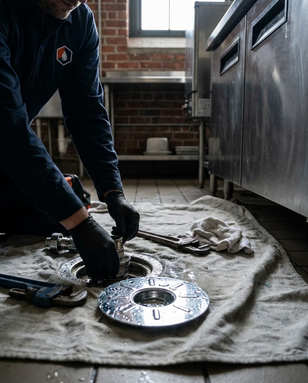 Commercial Plumber in Lowell, MA: plumber servicing a floor drain in a clean commercial kitchen in downtown Lowell after hours