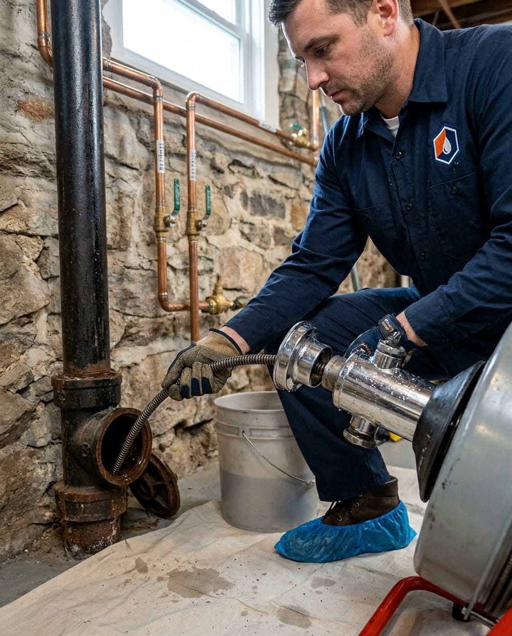 Drain Cleaning in Lowell, MA: plumber feeding a drum cable machine into a basement sewer cleanout in a Lowell home