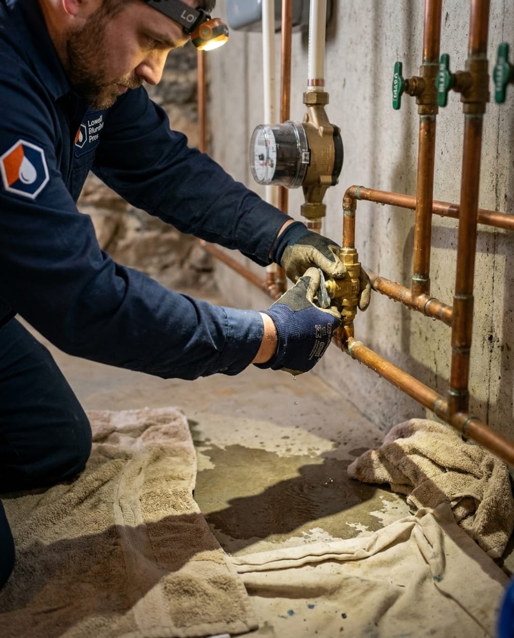 Emergency Plumber in Lowell, MA: emergency plumber closing a main water shut-off valve near the meter in a Lowell basement at night