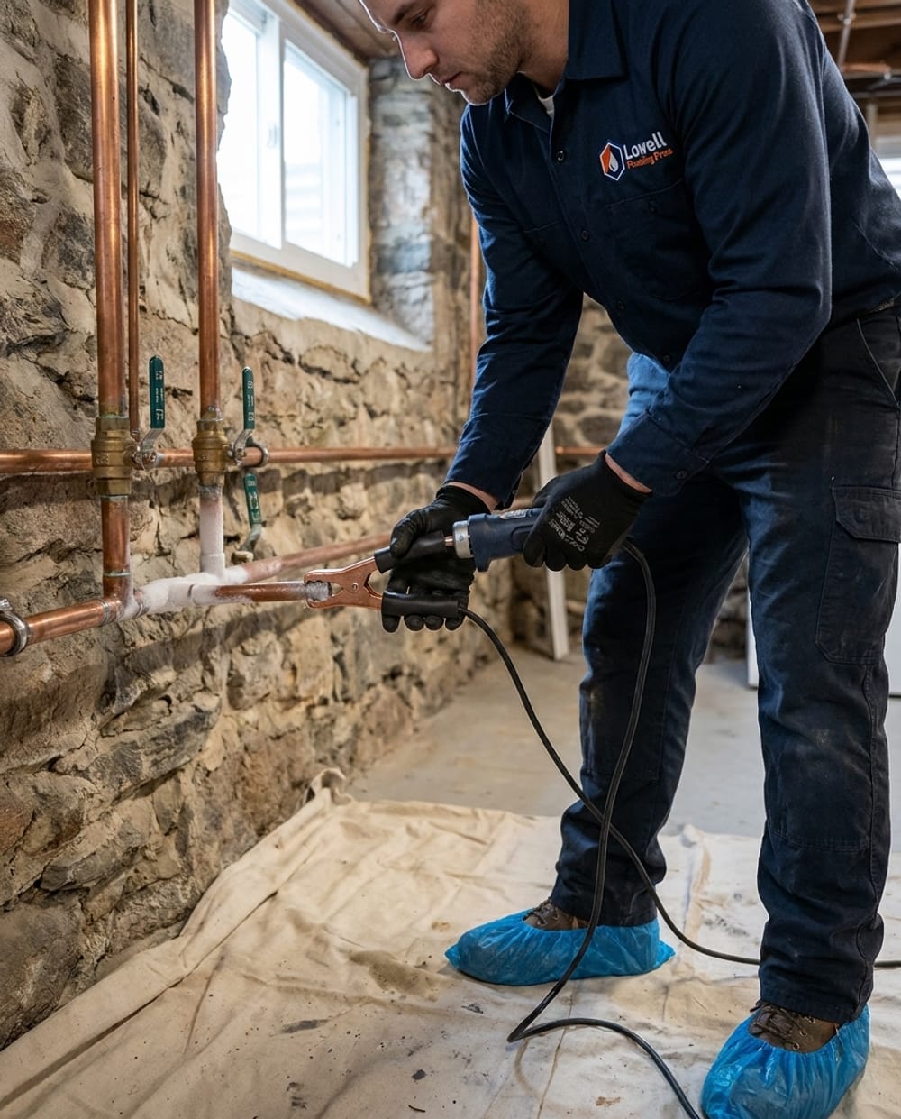 Frozen Pipe Repair in Lowell, MA: plumber thawing a frost-covered supply pipe in an unheated crawlspace with professional equipment