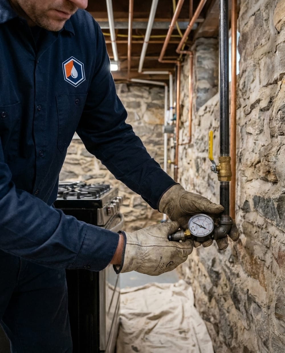 Gas Line Repair in Lowell, MA: licensed gas fitter pressure-testing new black iron gas piping to a kitchen range