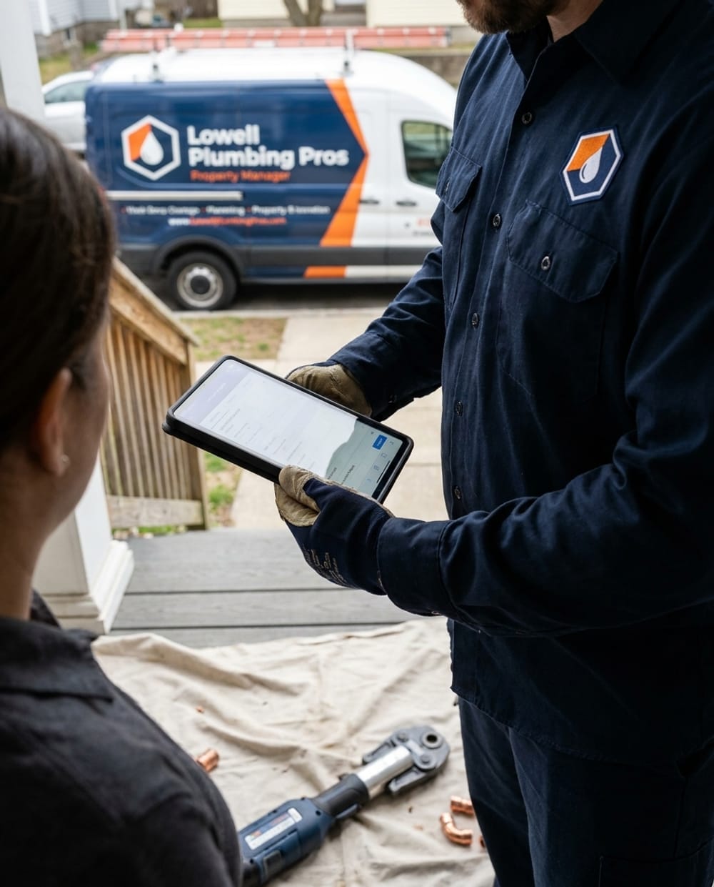 Landlord Plumbing Services in Lowell, MA: plumber and property manager reviewing a work order outside a Lowell triple-decker