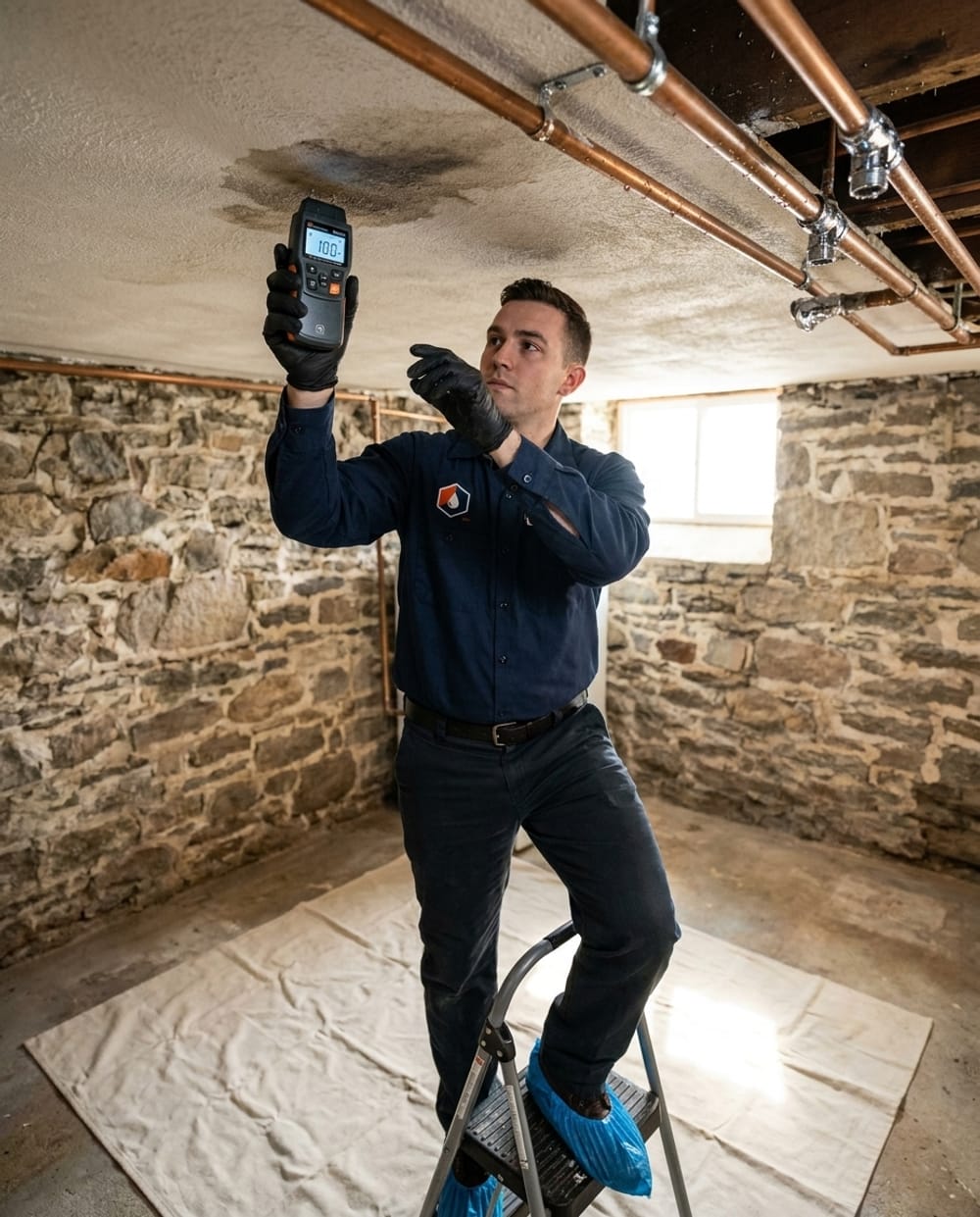 Leak Detection in Lowell, MA: plumber using a moisture meter on a stained ceiling in a Lowell multi-family home