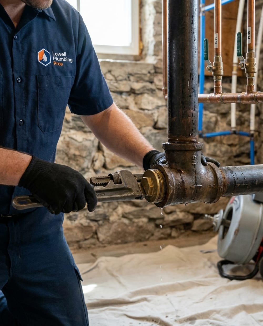 Main Sewer Line Clog in Lowell, MA: plumber removing the cap of a main sewer cleanout in a Lowell basement