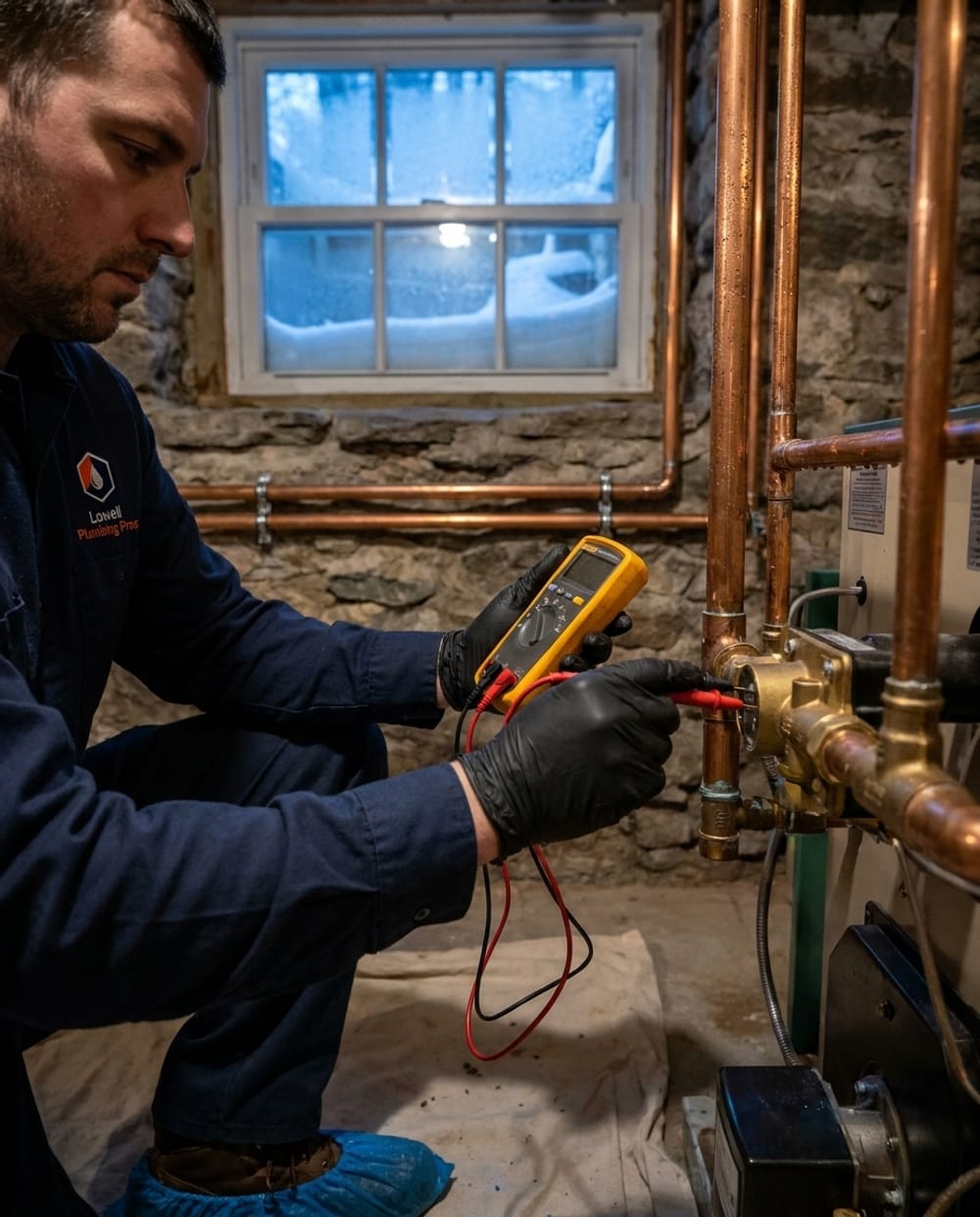 No Heat Repair in Lowell, MA: technician testing a boiler control panel with a meter on a winter evening in a Lowell basement