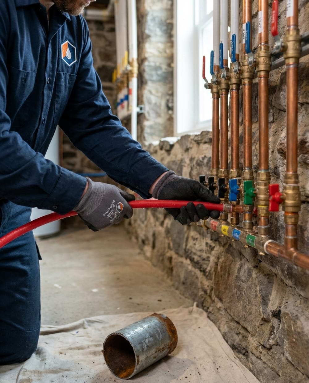 Repiping in Lowell, MA: new PEX supply manifold and copper risers replacing old galvanized pipe in a Lowell basement