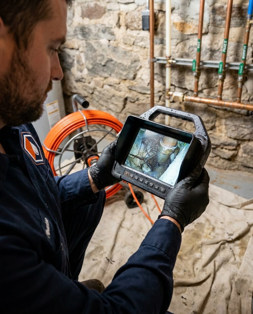 Sewer Camera Inspection in Lowell, MA: sewer camera monitor showing the inside of a pipe with a distance readout during an inspection
