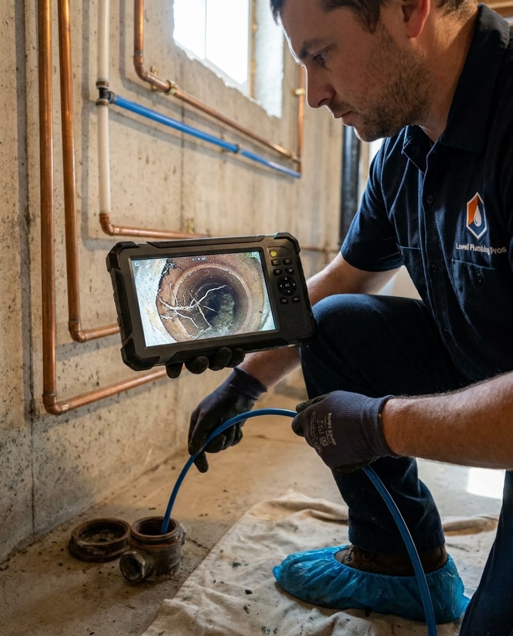 Sewer Line Repair in Lowell, MA: plumber reviewing sewer camera footage on a monitor beside a cleanout at a Greater Lowell home