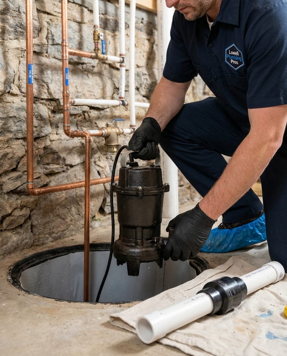 Sump Pump Installation in Lowell, MA: plumber lowering a new submersible sump pump into a lined pit in a Greater Lowell basement