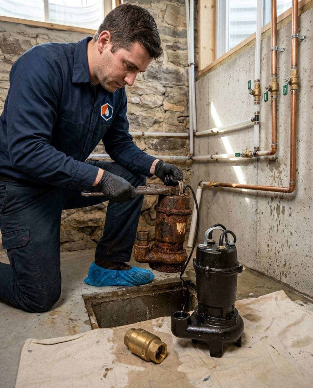 Sump Pump Replacement in Lowell, MA: plumber replacing a rusted sump pump with a new cast-iron pump in an existing pit