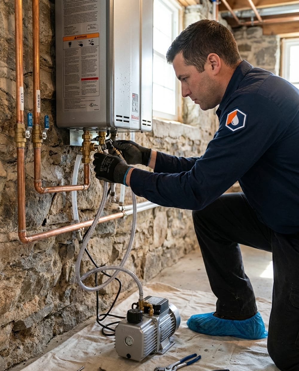 Tankless Water Heater in Lowell, MA: wall-mounted gas tankless water heater with service valves in a utility room