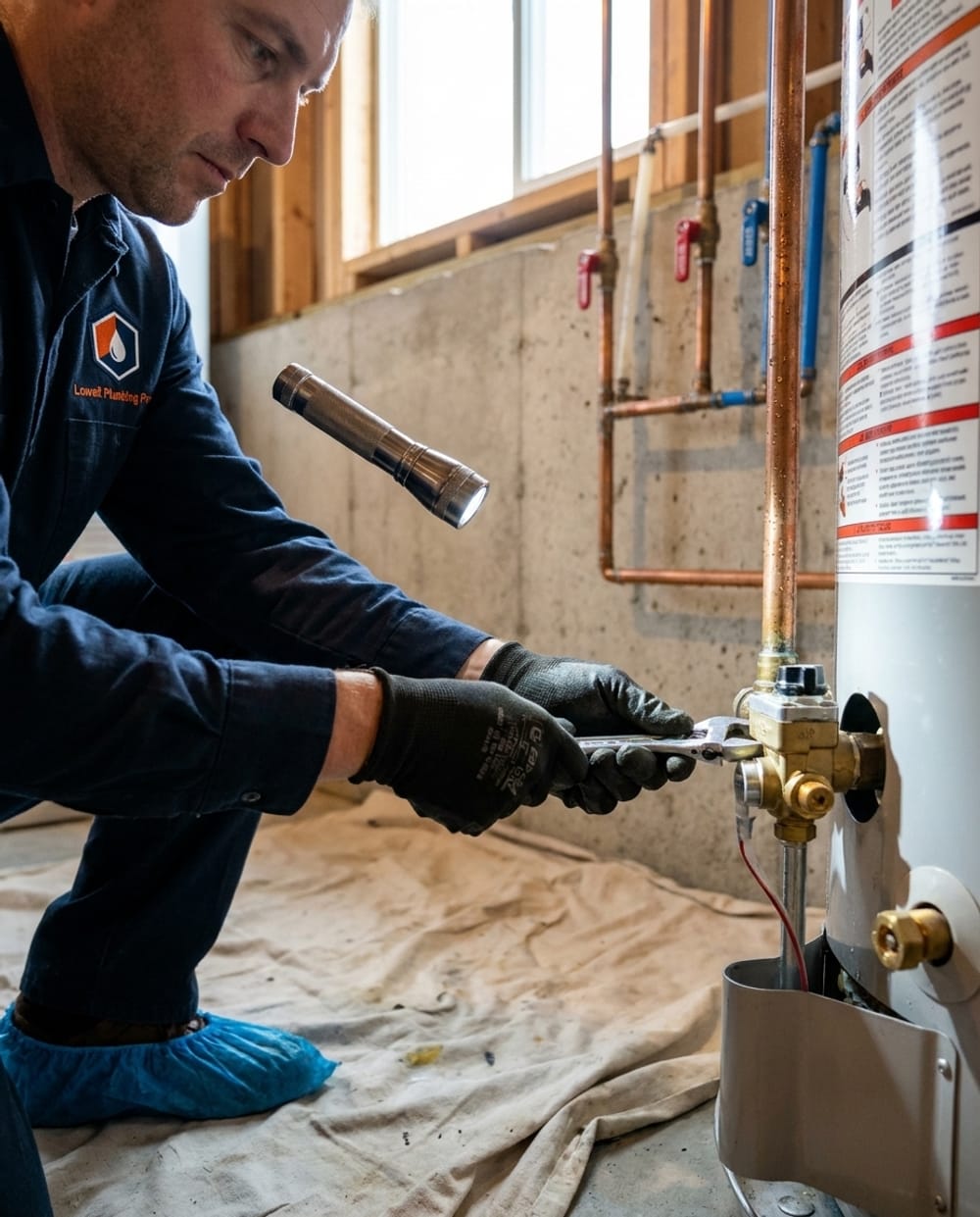 Water Heater Repair in Lowell, MA: plumber servicing the gas control of a tank water heater in a Lowell basement