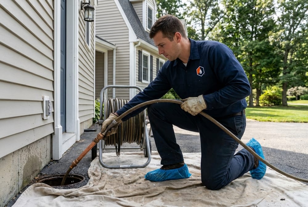Hydro jetter hose reel feeding into a sewer cleanout