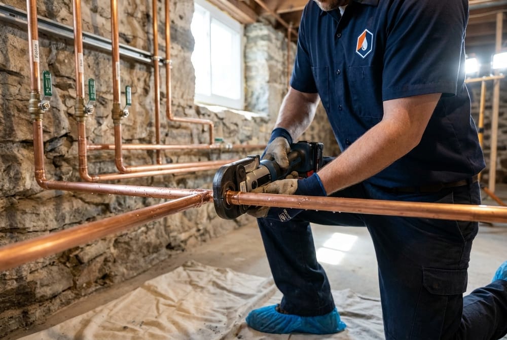 Press tool crimping a copper fitting on new supply piping