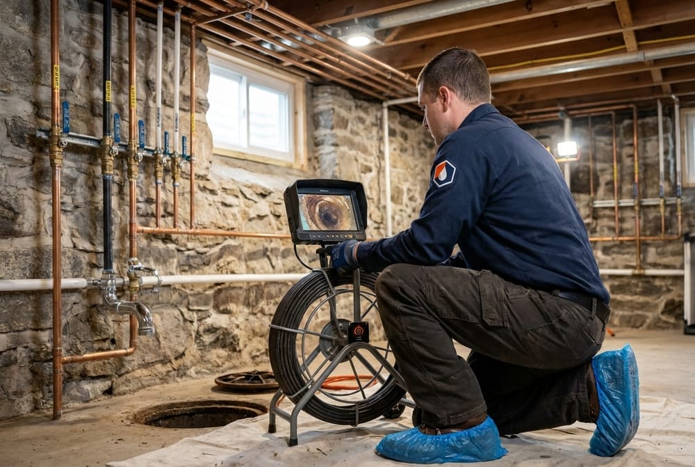 Sewer inspection camera reel and monitor in use at a basement cleanout