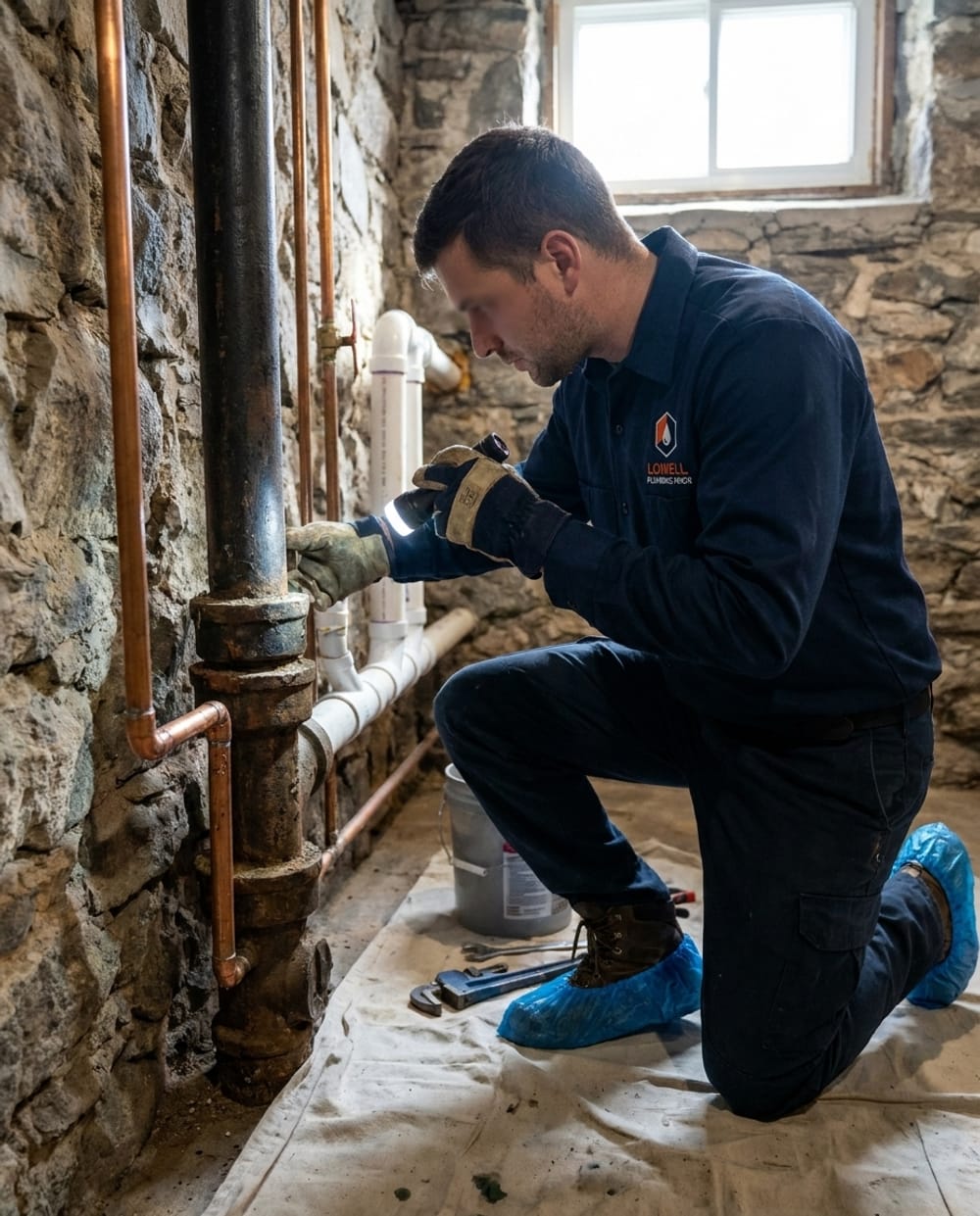 Plumber inspecting the cast-iron stack in the basement of a Lowell triple-decker